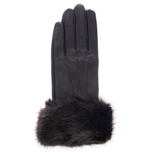 Barbour Fur Trimmed Leather Gloves Black
