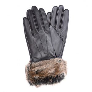 Barbour Fur Trimmed Leather Gloves Brown