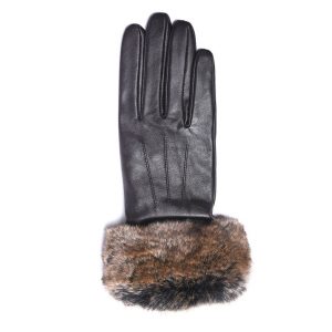 Barbour Fur Trimmed Leather Gloves Brown
