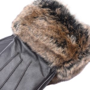 Barbour Fur Trimmed Leather Gloves Brown