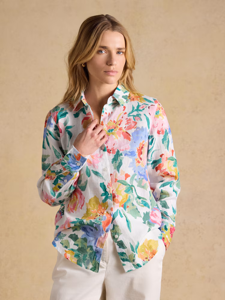 Joules Anna White Artist Floral Long Sleeve Pure Linen Shirt W70-412